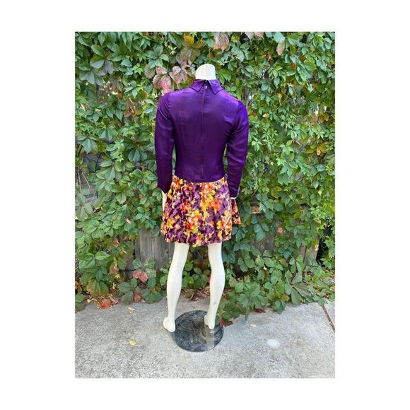 60s Scooter Dress Royal Purple Satin & Multicolor Floral Velvet Drop Waist Sm - Picture 8 of 16